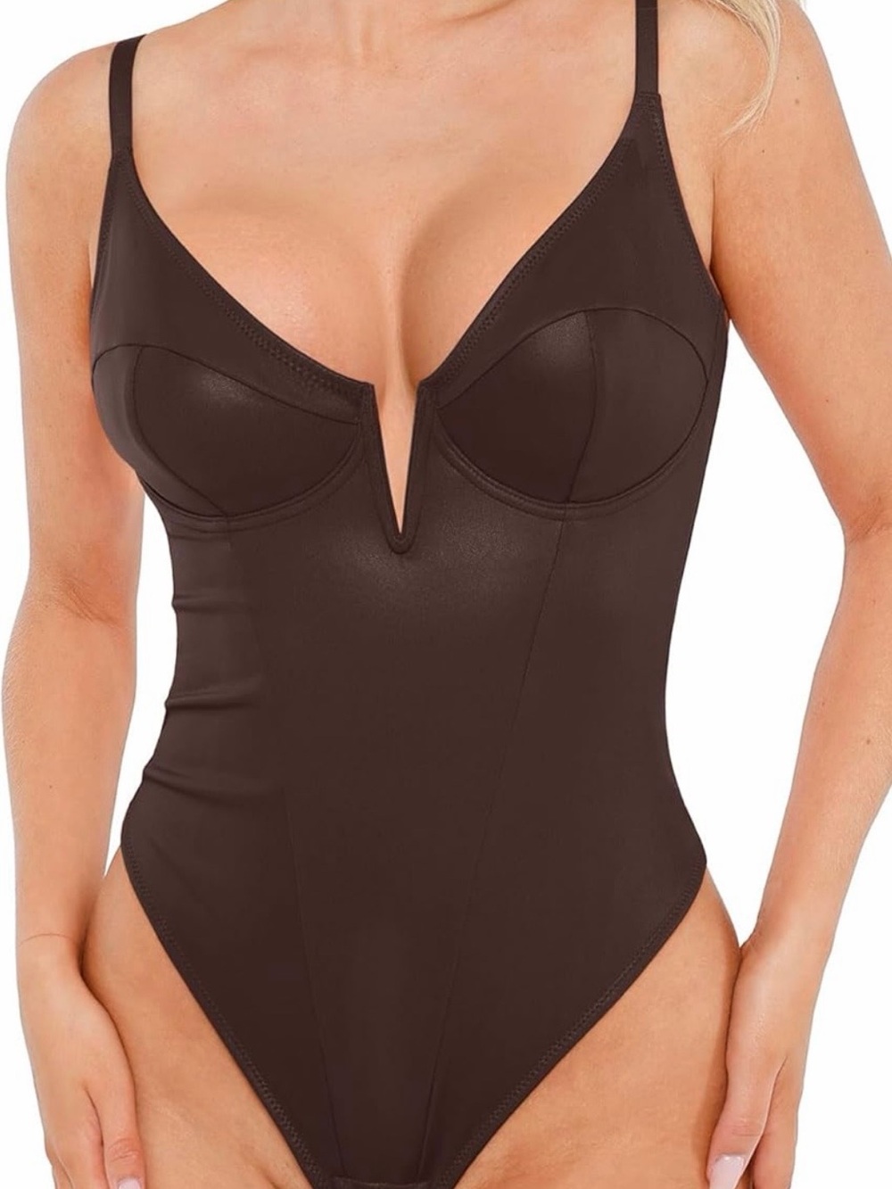 Sleek Brown V-Plunge Shaping Bodysuit
